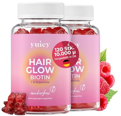 yuicy® 10.000 µg Biotin hochdosiert - Zuckerfreie Haar Vitamine mit Niacin, Vitamin C, Zink für Haut Haare Nägel - Haarwachstum Beschleunigen - Yuicy Hair Glow Haarvitamine Vegan 120 Stück
