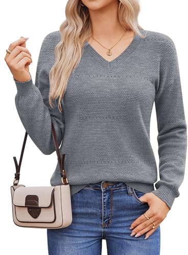 HOTOUCH Pulls Femme Col V Manches Longues Tricotés Pulls Décontractés Ajourés Tricot Pull Automne Hiver Léger Doux Pull-over pour Femmes, gris, XXL