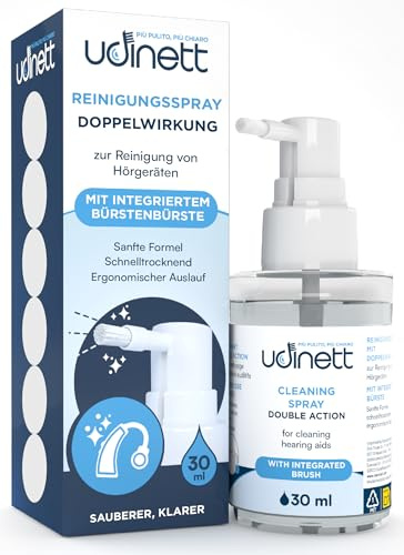Spray Limpiador para Audífonos Udinett de 30ml para Auriculares y Cascos Bluetooth - Desinfectante Rápido Sin Alcohol - Limpiador en Aerosol con Cepillo Contra la Suciedad y el Cerumen