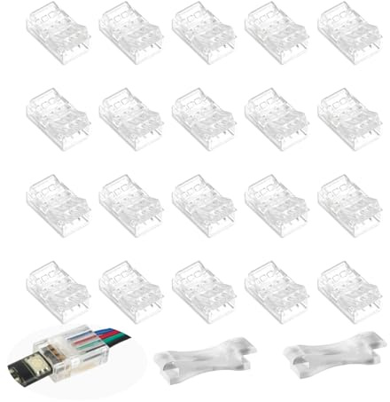 Qtksceadlnce Conector Tira LED, 20 Piezas 4 Pin 10mm RGB 5050 Rápido de Luz de Cinta LED Conectores Transparentes sin Soldadura para Luces RGB 5050 de 22AWG 10 mm Incluye 2 Palancas