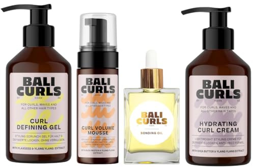 BALI CURLS Styling Heroes Bundle – Paquete de 4 productos para rizos definidos, suaves y vibrantes – Crema para rizos, espuma voluminizadora, gel definidor y aceite reparador