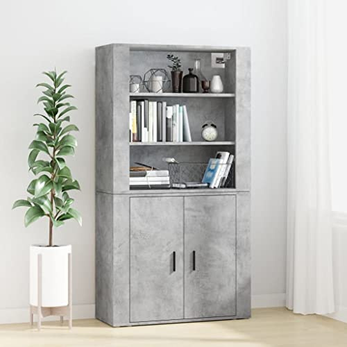 QUAHEAS Highboard betonggrå träbaserade skänk med gott om lagringsutrymme 80 x 33 x 150 cm, vardagsrumsskåp, köksbuffé, skåp för matsal och vardagsrum