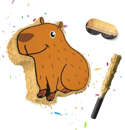 Relaxdays Pinata Set, 3 delar, Capybara-form, för upphängning, barn, flickor och pojkar, med stav & mask, ofylld, brun