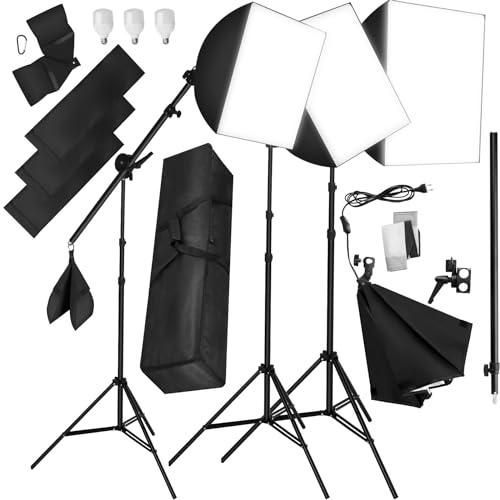 tectake® Profi Fotostudio Set 3X Studioleuchte Kamera Galgenstativ inkl. LED Beleuchtung, 3X Softbox, Tasche, für natürliches Licht, Zubehör für Streaming, Foto, Selfie, Video, Indoor und Outdoor