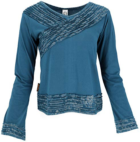 GURU SHOP Langarmshirt Boho-chic, Mantra Shirt - Petrol, Damen, Baumwolle, Size:S