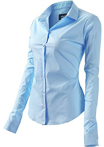 FLY HAWK blus, skjortblus, damskjorta, basic Kent krage, elegant OL Work Slim Fit långärmad, stretch, formella skjortor, storlek 34 till 52, Ljusblå, 44