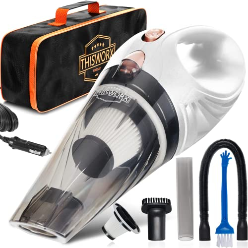 ThisWorx Aspirateur Voiture Puissant - Mini Aspirateur à Main 110W, 12V avec 3 Embouts et Sac de Transport - Blanc