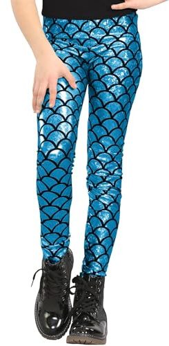 Hamishkane® Girls Mermaid Leggings, Holographic Fish Scale Kids Metallic Slim Fit Elasticated Waist Trouser, Skinny Party Disco Leggings Turquoise