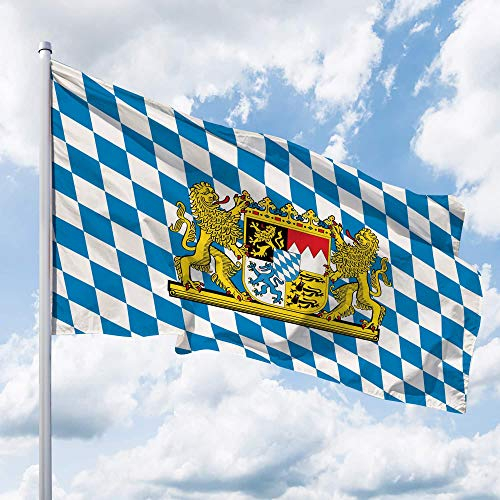 Bayern Flagge – 200 x 120 cm für Fahnenmast, Bayern Fahne mit Löwen-Wappen & Raute, Hissflagge aus reißfestem Fahnen-Polyester-Stoff, wetterfest und UV-beständig