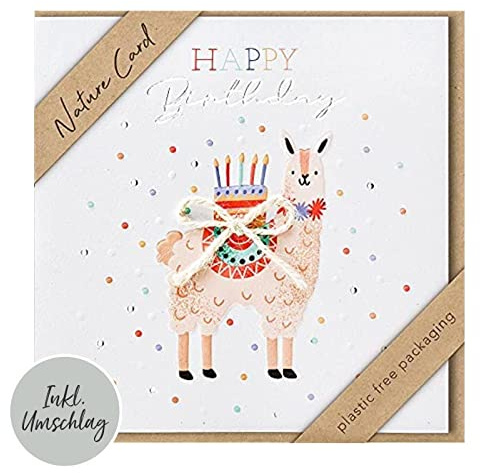 Tarjeta de cumpleaños hecha a mano con diseño de lama (15,5 x 15,5 cm)