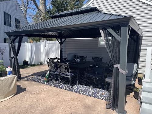PURPLE LEAF 3.65 x 4.85m Large Hardtop Gazebo with Galvanised Steel Double Roof, Permanent Aluminium Garden Gazebo with Curtains & Netting for Patio, Lawn or Deck, Grey