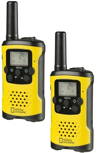 National Geographic Walkie-Talkie 2er-Set, kompakte Funkgeräte mit sehr hoher Reichweite bis zu 6 km, Frei-Hand-Funktion und integrierter Taschenlampe, Schwarz-Gelb, 9111450