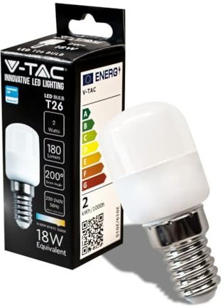 V-TAC Lampadina LED per Frigorifero e Lampade - Attacco E14-2W - 180 Lumen - Lampadine LED T26 Piccole per Massima Efficienza e Risparmio Energetico - Luce 3000K Bianca Calda
