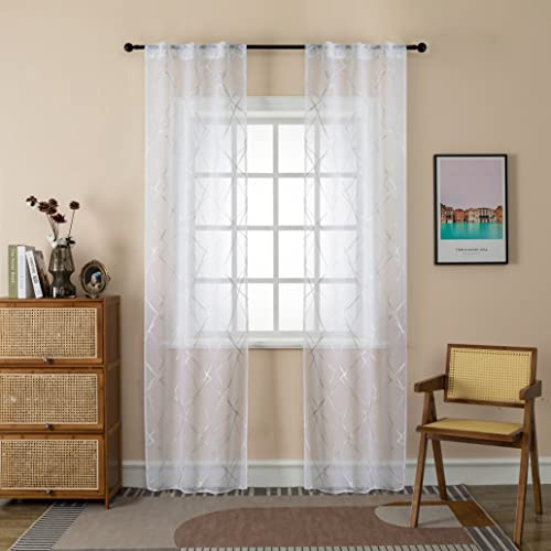 GIRASOLE HOME® Coppia Tende Voile Filtranti Fantasia Geometrica Argentata Tenda Bianca per Interni con Tasca e Passanti Nascosti 2 Pannelli (Geometria Argento, 70x235cm)