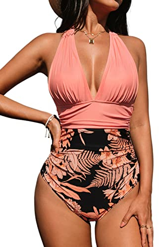 CUPSHE Maillot De Bain Une Pièce pour Femme Col V Licou Dos Nu Froncé Amincissant Contrôle Ventre Vintage Swimsuit Rose Corail L