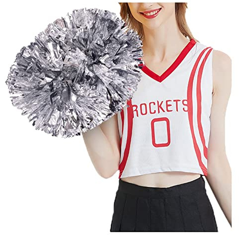 SHTGOI Cheerleading Pompons 2 pezzi di pellicola metallica da cheerleading pom poms con manico cheerleader fiori a mano cheers palla di fiori per eventi sportivi, giochi di ballo, argento