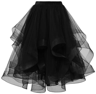 DRESSTELLS Black Tulle Skirts for Women Midi A Line Elastic High Waisted Summer Tiered Layered Puffy Tutu Fluffy Wedding Party Casual Skirt M