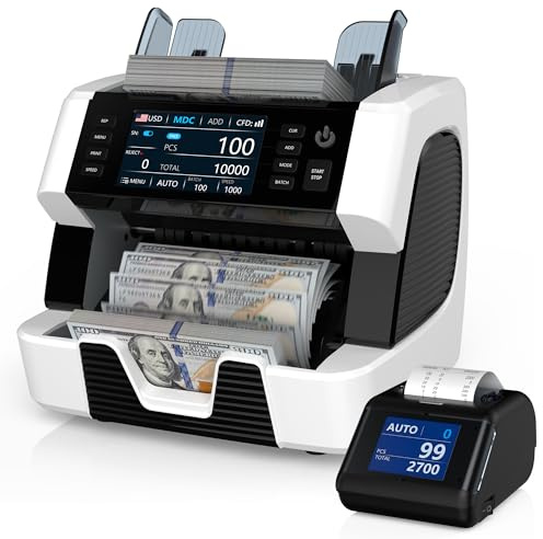 PONNOR Money Counter Machine Mixed Denomination, Serial Number, Multi Currency 2CIS/UV/IR/MG/MT Counterfeit Detection Bill Counter, Cash Counter Machine Value Counting for Business with Printer