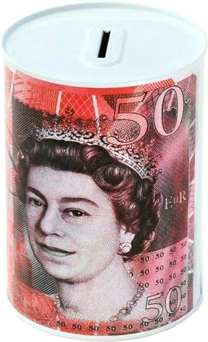 MEA Pound Notes Design Money Box Tin £5, £10, £20, £50 GBP | Savings Cash Tin for Kids & Adults | Piggy Bank with UK Banknote Print | Multicolour & Size Cash Storage (£50 Design, Small)
