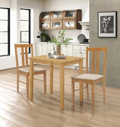 Hallowood Furniture Ledbury Small Wooden Dining Table and 2 Chairs, 80x60cm | Solid Wood Rectangular Table and Chairs with Warm Cream Linen Fabric Padded Seats, Light Oak Dining Room Set for Small Spaces