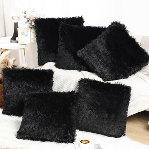 VitalCozy 6 Pcs Winter Faux Fur Throw Pillow Covers Fluffy Couch Cushion 18 x 18 in Square Pillow Luxury Decorative Soft Pillowcase Zipper Closure for Sofa Couch Sleepover Party(Black)