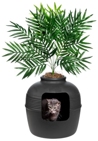 Good Pet Stuff Täckt kattlåda med konstväxt, dekorativ rund blomkruka, ventilerat filter med aktivt kol för luktkontroll, lätt att rengöra, tillverkad i USA, grundläggande kit, svart