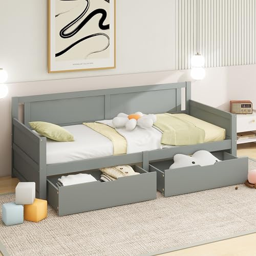 Lexiou Divano letto 90 x 200 cm, letto singolo con due ripiani, telaio in legno massiccio, letto per ragazzi (grigio)