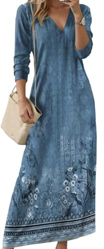 ABINGOO Vestido Largos Mujer de Manga Larga Cuello en V Bohemio Maxi Vestidos de Playa Estampado Floral Vestido Informal con Bolsillos(Azul,S)