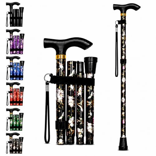 ZallyX Foldable Walking Sticks for Men & Women, 85–95cm Adjustable Ladies Walking Stick, Mobility aids, Collapsible walking stick For Elderly Adults (Black Flower)