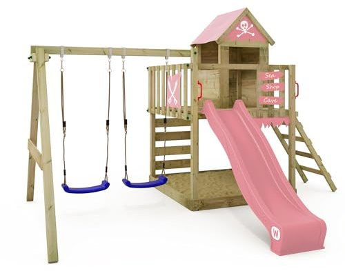 Gioco da giardino WICKEY Smart Cave con altalena e scivolo, struttura da esterno per bambini con sabbiera, scaletta e accessori da gioco (rosa pastello)