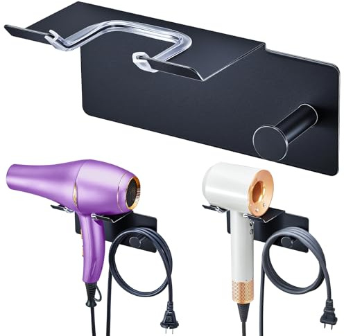 XILIMEN Hair Dryer Holder Wall Mounted, Blow Dryer Holder Adhesive, Metal Hairdryer Holder for Bathroom, Hair Tool Organizer with Plug&Cord for Cabinet Bathroom Bedroom Barber Shops (Black)