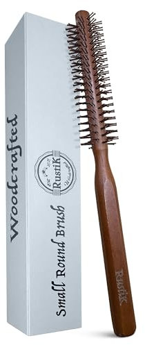 Small Round Brush by RustiK, Barrel Hair Brush for Blow Drying, Men Beard Brush, Professional Styling Brush for Smoothing, Curls, Bangs, Short Hair. Eco Friendly, Quiff Roller, Wooden Handle.