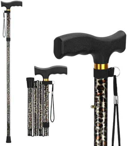 supregear Folding Cane, Lightweight 5-Level Adjustable Walking Stick with Wrist Strap and T-Handle, Portable Mobility Aid for Elderly and Disabled Men and Women, Leopard