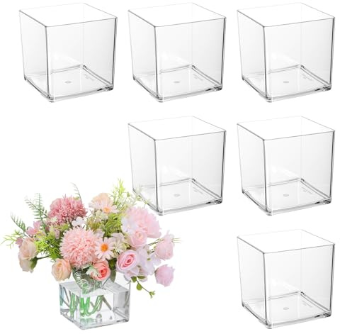 6 Pcs Square Acrylic Vase 4 x 4 Plastic Flower Acrylic Vases for Centerpieces Plastic Vase Cube Bulk Succulent Pots Planter Clear Square Vases for Centerpieces Plant Wedding Home Office Floral Decor