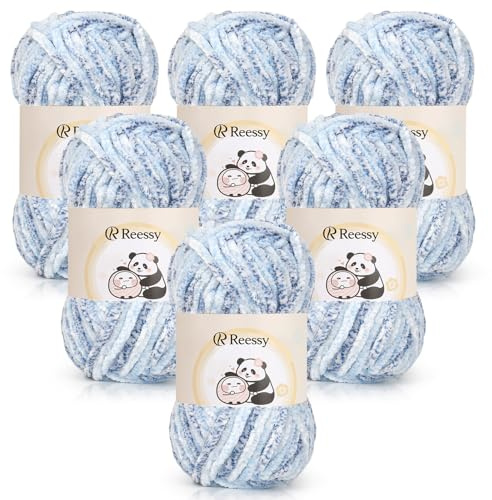 Reessy Chenille Yarn 600g, Ice Blue Chenille Chunky Yarn for Crocheting | Super Soft Fluffy Velvet Yarn, Thick Yarn Ombre Knitting Wool for Crochet Colorful Blanket, Amigurumi, Handbag, DIY Crafts