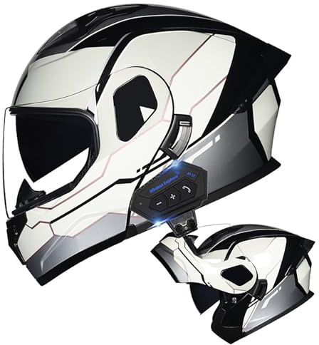 Frcychri Casque Moto Modulable Bluetooth, Casque Avant Rabattable, Homologué ECE Casque Moto Intégral avec Double Visière, pour Hommes Et Femmes Adultes E,Medium