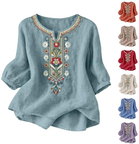 YGERGWE Womens Shirts, Cotton Linen Embroidered Floral Blouse Short Sleeve Casual Tunic Tops Ladies Summer Loose Fit Soft Comfy Holiday Beach Tee Shirts