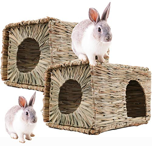 WUWEOT 2 Pack Large Grass Bunny House, Foldable Rabbit Hut, Play Hideaway Bed Hay Mat Chew Toy for Rabbit, Guinea Pigs, Gerbils, Hamster and Small Animals, 11x8x8