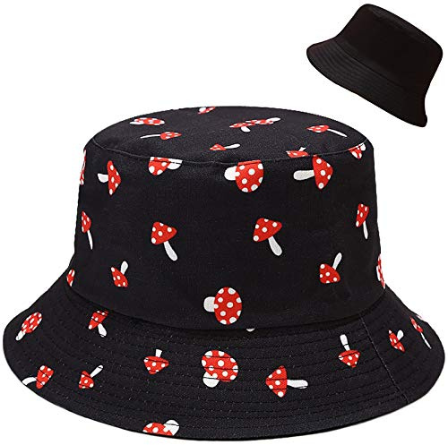 Malaxlx Femme Imprimé de Champignon Chapeau de Pêcheur Chapeau de Soleil Chapeaux de Visière Chapeau de Plage Bobs Pliable Réversible
