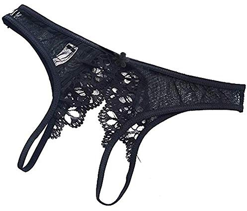 AISOO Slip Donna Sexy Spogliatoi Aperto Perizoma Pizzo Fiocco Floreale Trasparente Tanga Misterioso Erotico Sexy String- 3 Taglie, Nero , XL-XXL