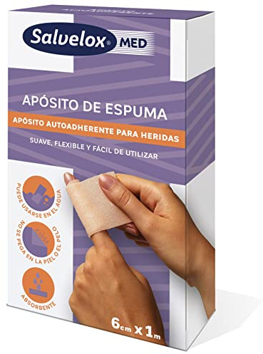 Salvelox ® | Apósito de espuma | Apósito de espuma autoadherente elástico y absorbente que no se adhiere a la piel | 6 cm x 1m