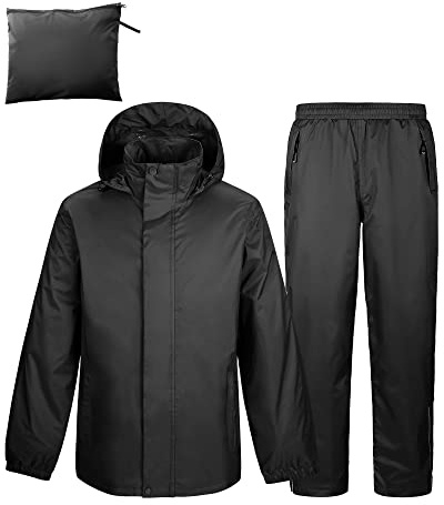 Outdoor Ventures Men's Packable Rain Suit Heavyweight Rainwear Waterproof Jacket and Trouser Set for Riding Hiking Fishing Camping Black M