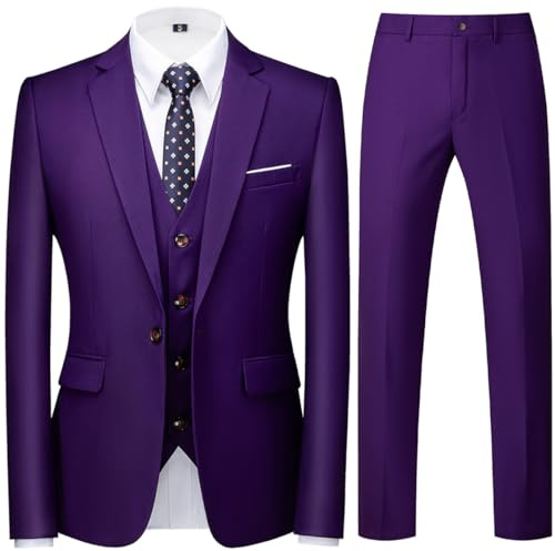 Allthemen Traje para Hombre Boda 3 Piezas Slim Fit Trajes de Esmoquin Un botón Color sólido Chaqueta Formal para Hombre Chaleco y Pantalones Morado XXL