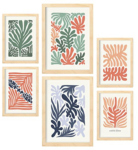 Nacnic Set med 6 affischer minimalism pastellfärger växtmönster natur landskapsark för inredningsdesign och dekoration storlekar A3 och A4, ramar färg trä