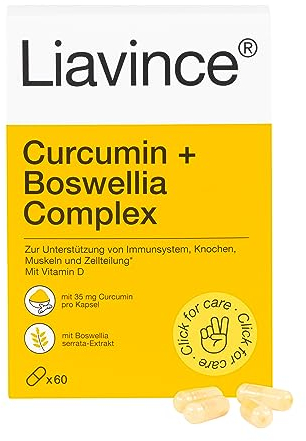 Liavince Curcumin + Boswellia Complex mit Vitamin D, 60 Kapseln, Curcumin- und Boswellia serrata-Extrakt, Glutenfrei, Laktosefrei, Für Vegetarier, Zur Unterstützung von Immunsystem und Knochen