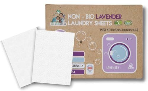Eco Green Living Non Bio Lavendel Tvättmedelsark, Hypoallergeniska & Ekologiska, Plastfria, Skonsamma för Känslig Hud, Biologiskt Nedbrytbara, 60 Ark