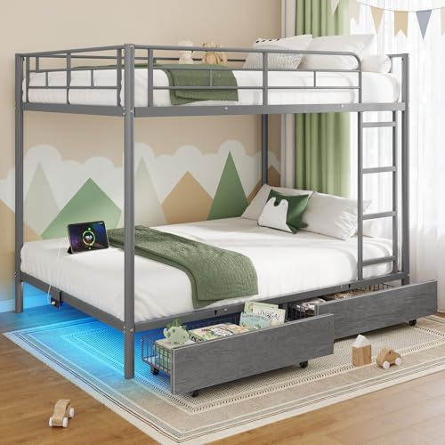 Rolanstar Metal Bunk Bed Full Over Full with USB Charging Station, LED Bunk Bed with 2 Storage Drawers, Bed with Safety Guardrail & Ladders, No Box Spring Needed, Easy Assembly, Grey