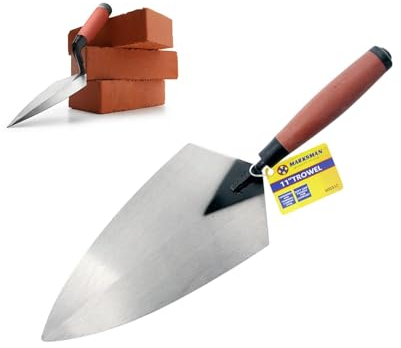 Brick Trowel 11 Inch Bricklaying Trowels with Soft Grip Handle London Pattern Bricklayers Bricking Concrete Cement Mortar Laying Builders Brickwork Solid Forged Pointing Building Hand Tool (1Pc)