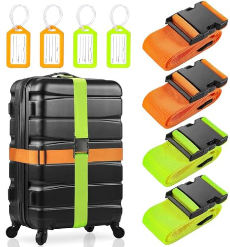 koffergurte 4 stück mit 4 Stück Gepäckanhänger Set, rutschfest Einstellbare koffer gurtband mit Adressschild, kofferbänder set auffällig für Schnell erkennen Gepäck, Reisetasche, Koffer, luggage strap