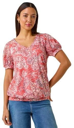 Roman Blouson Top for Women Ladies Bubble Hem Stretchy Jersey Puff Sleeve Summer Smart Casual Office Work Spring Everyday Evening Vacation Work Holiday V Neck - Red - Size 20